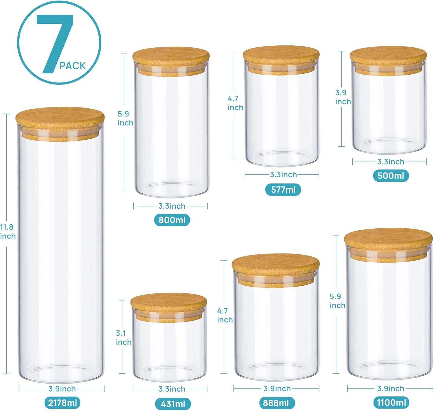 Vtopmart Glass Food Storage Jars - 7 Pack Airtight Kitchen Containers with Bamboo Lids for Pantry Organization
