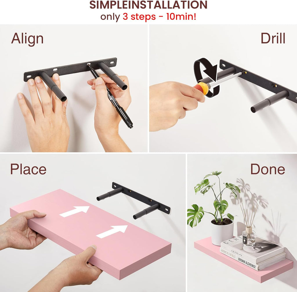 BAYKA Floating Wall Shelves - Set of 3 Pink Wood Shelves for Bathroom, Bedroom & Living Room | 15.7in, 22lbs Capacity