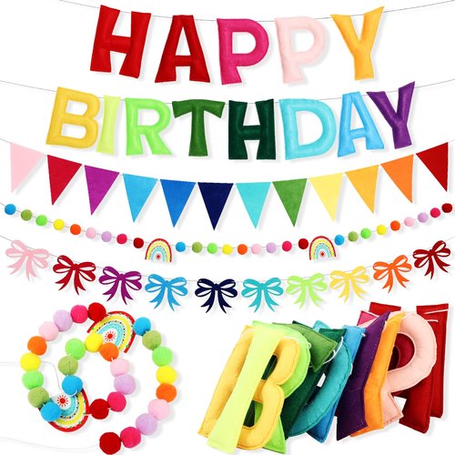 Happy Birthday Banner Set- Pre Strung Reusable Felt 3D Happy Birth Day Sign Banner, Pompom Garland, Bunting Flags and Bow Garland for Birthday Party Decorations for Women Men Boys Girls