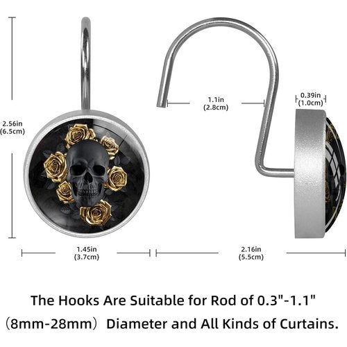 Black Skull with Gold Roses Shower Curtain Hooks Set of 12 Rustproof Metal Decorative Shower Hooks for Curtains Rods Shower Curtain Rings for Bathroom Living Room Bedroom