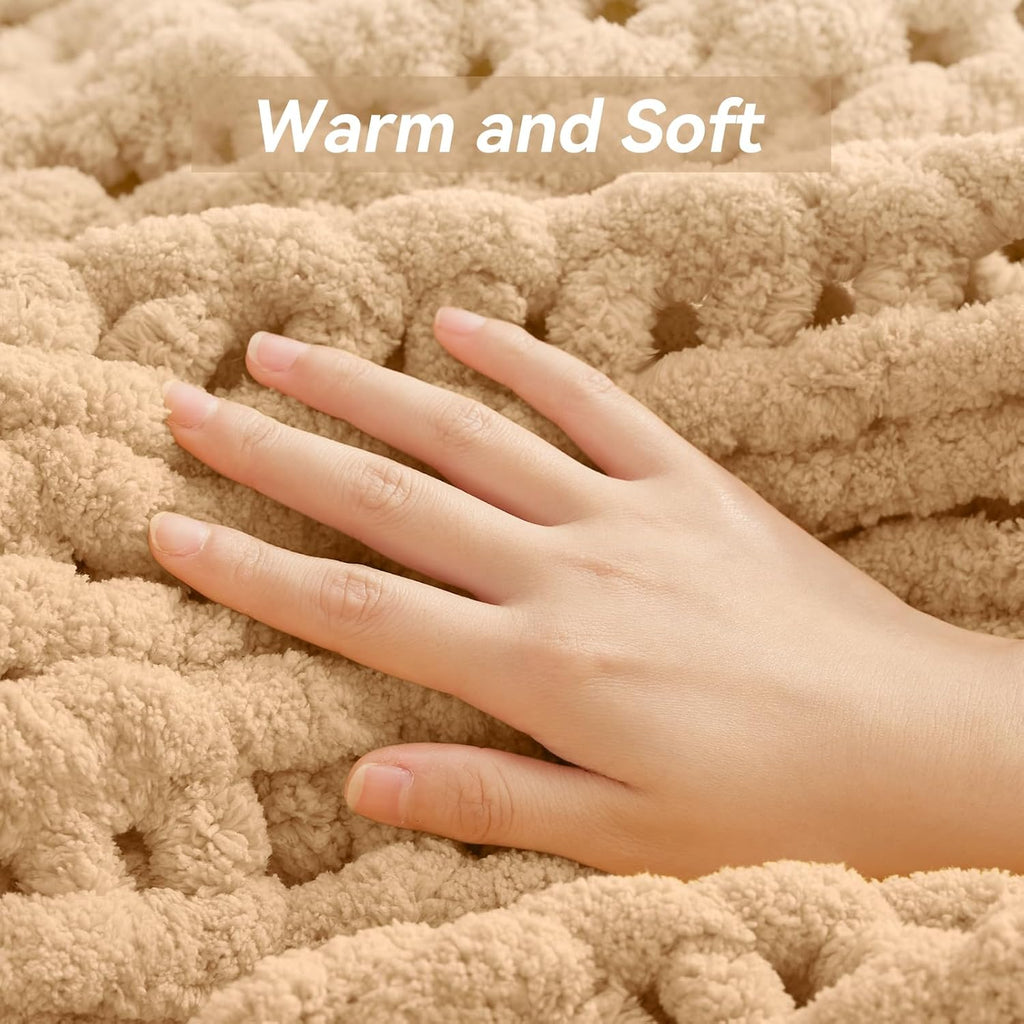 Negwoo Chunky Knit Throw Blanket - Handmade Beige Chenille Yarn | Soft & Comfy 30'' x 40'' Size for Home Decor