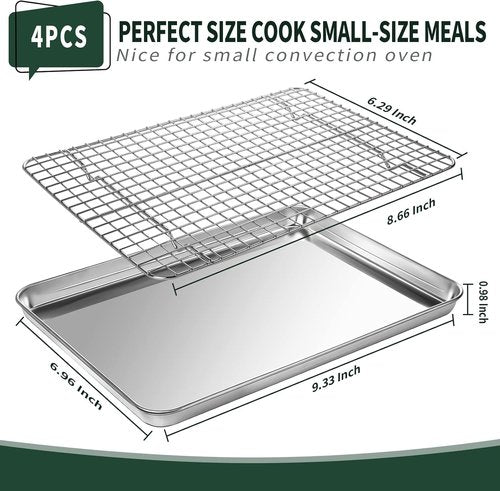CEKEE Stainless Steel Baking Sheet Set - 2 Cookie Sheets & Racks, Rust-Resistant, 9.33 x 6.96 Inch