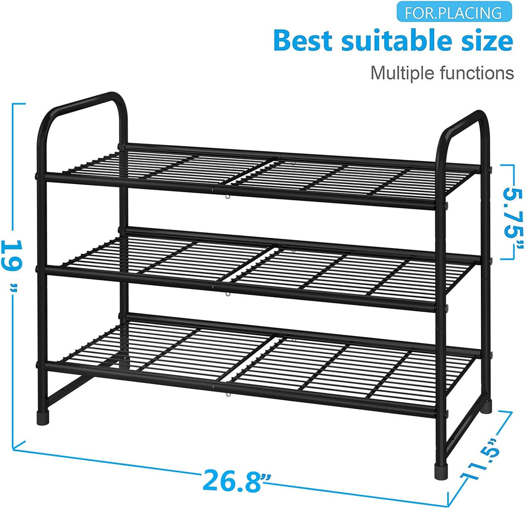 Simple Trending 3-Tier Stackable Shoe Rack - Expandable & Adjustable Storage Organizer | Black Wire Grid