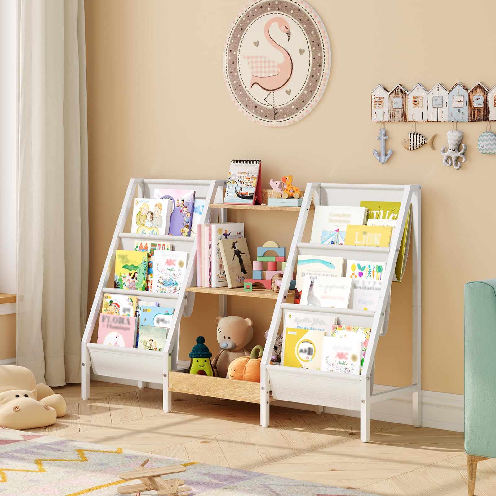 MAHANCRIS Kids Bookshelf and Toy Organizer, 3-Tier Bookshelf for Kids, Sturdy Kid Bookcase with Storage, Toddler Book Shelf for Kids Room, Playroom, Bedroom, Nursery, Natural BKBN34201
