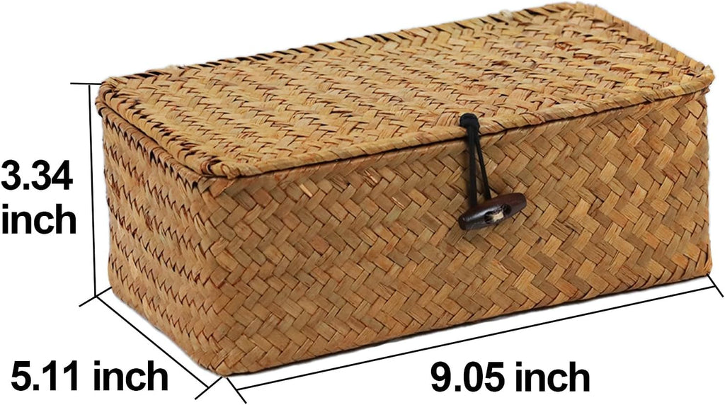 Wicker Storage Basket - Natural Seagrass Organizer with Lid | Rectangular Decorative Bin for Home