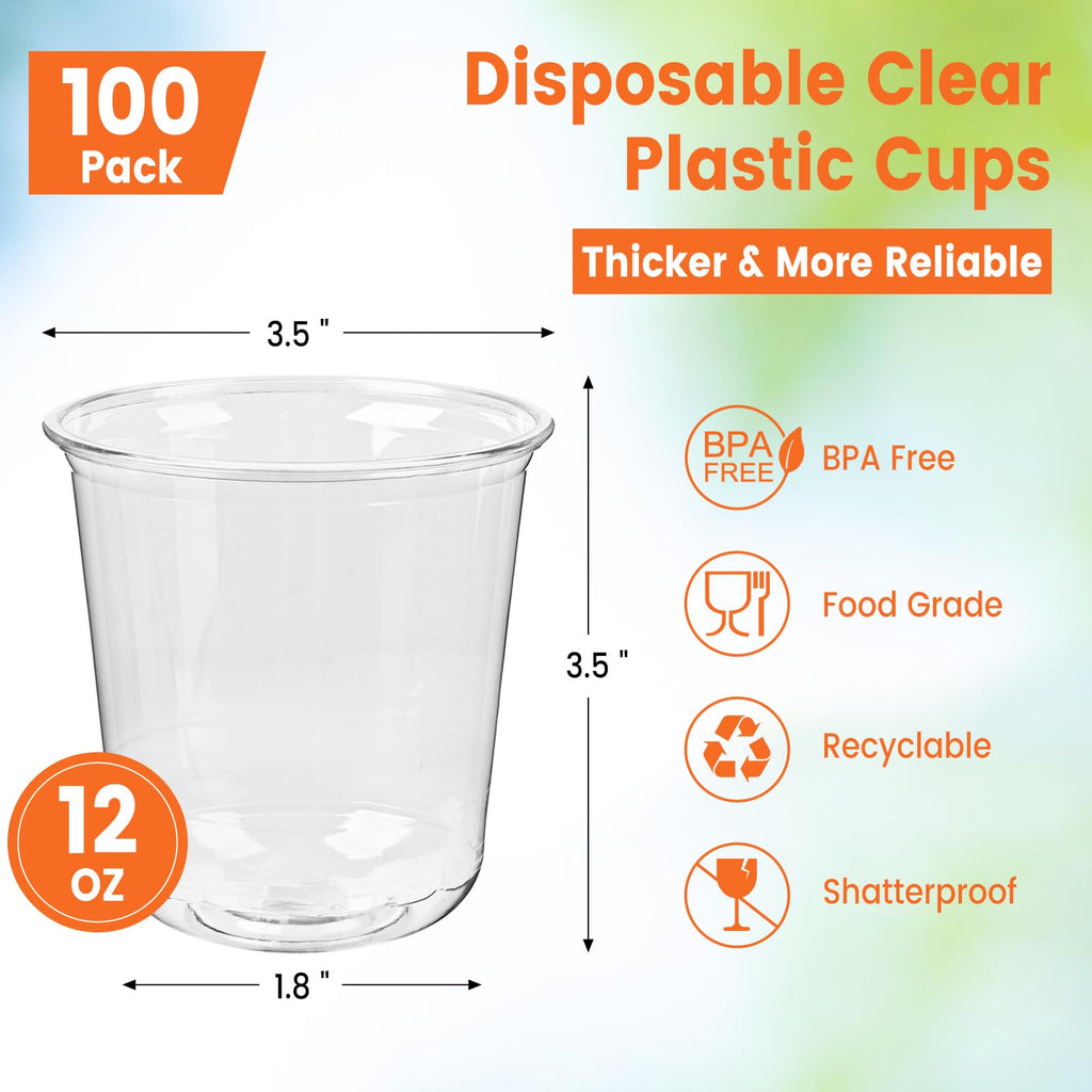Jycnolm 100 Pcs Round Bottom Plastic Cups 12 oz Disposable Stemless Wine Glasses Cocktail Clear Party Cups for Meeting, Wedding, Birthday, Party Supplies