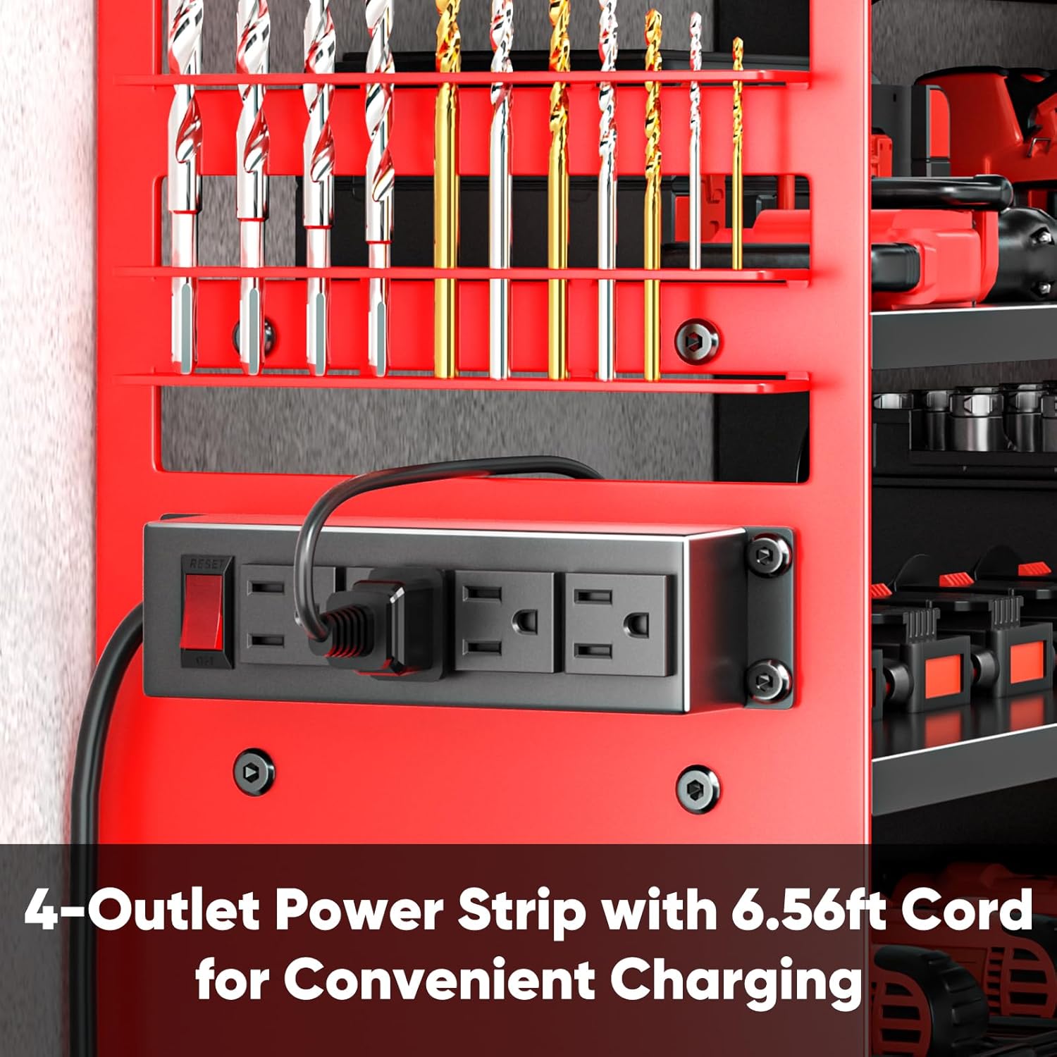 POKIPO Heavy-Duty Tool Organizer - Wall-Mounted Charging Station with 4 Outlet Power Strip | 600lbs Capacity