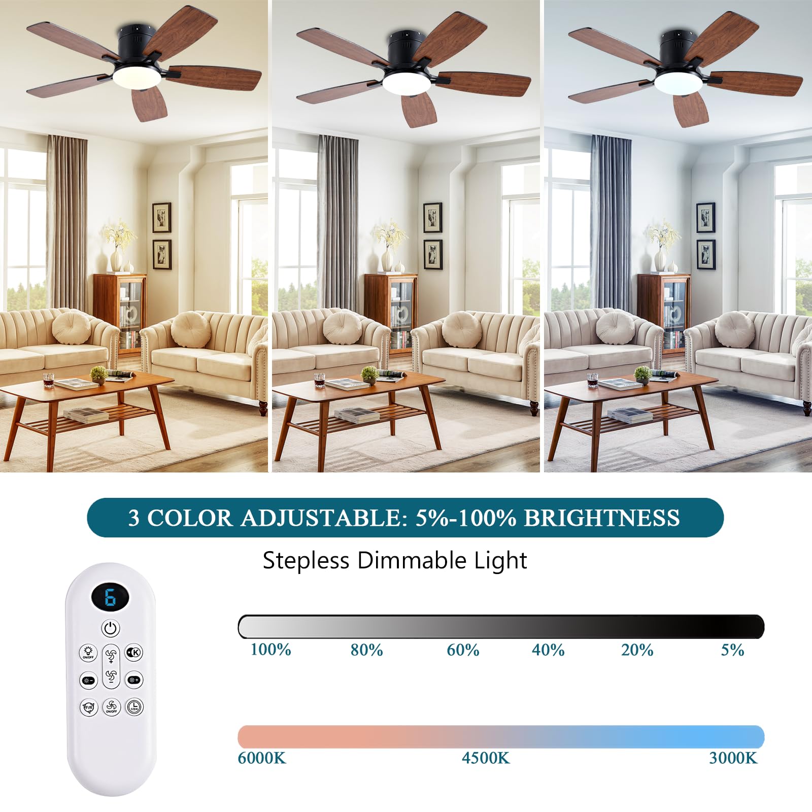Ayaoty Ceiling Fans with Lights, 42 inch Low Profile Ceiling Fan with Light and Remote Control, Flush Mount, LED Dimmable DC Reversible Modern Ceiling Fan for Bedroom
