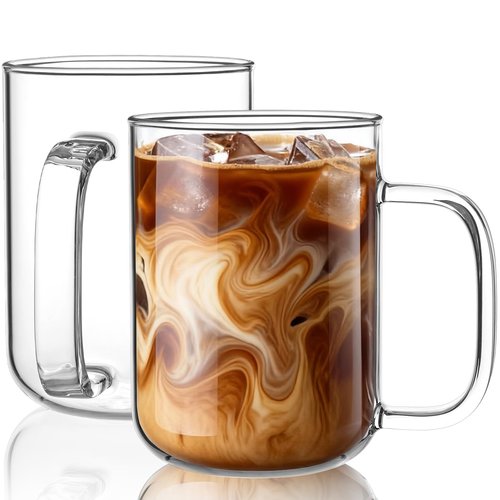 BWODYAY Glass Coffee Mugs, 20 oz Ice coffee cups, Large Clear Tea Cups Set of 2, Glass Mugs with Handles, Glass Cups for Latte, Cappuccino, and Tea