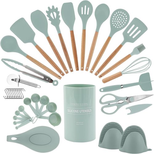 Country Kitchen Non-Stick Silicone Utensil Set - 38-Piece Cooking & Baking Tools in Mint