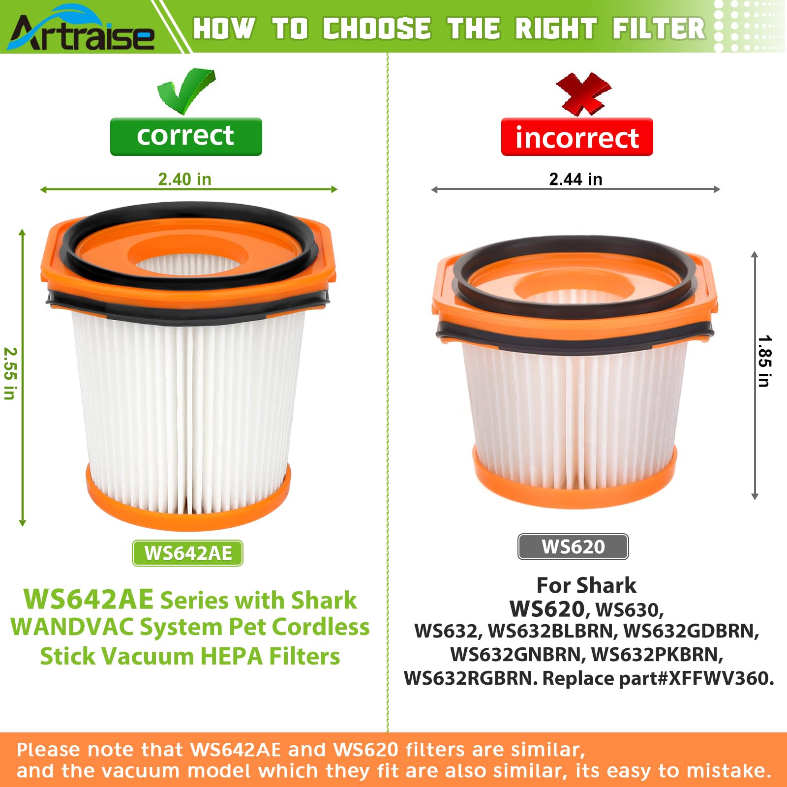 Artraise WS642AE Filter Replacement for Shark WS642AE WS640AE Wandvac Self-Empty System Ultra-Lightweight Powerful Cordless Stick Vacuum (4 Pack Filters)