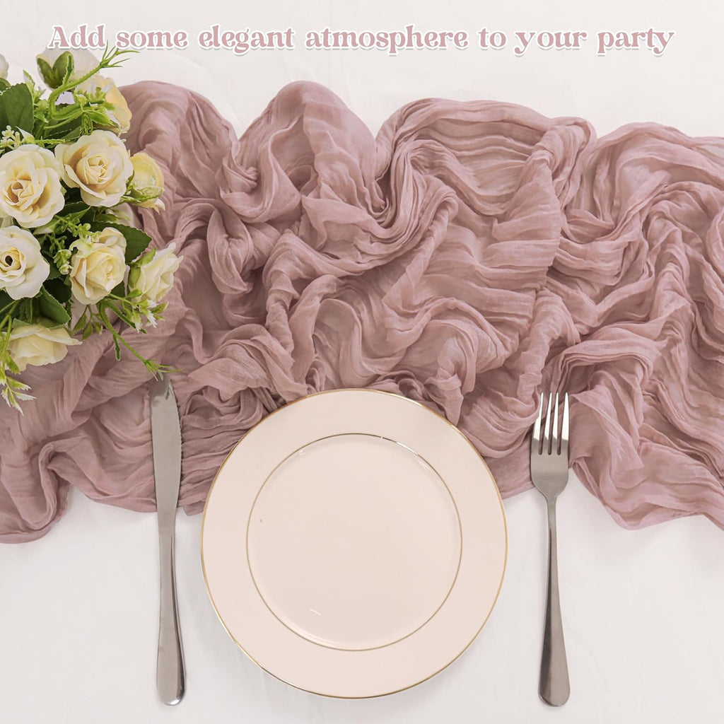 Skiennix Dusty Pink Cheesecloth Table Runner - 10FT Boho Vintage Gauze for Weddings & Events
