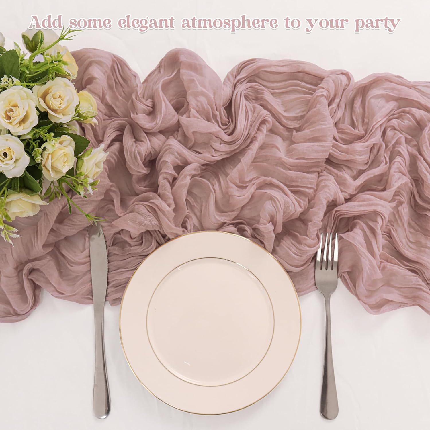 Skiennix Dusty Pink Cheesecloth Table Runner - 10FT Boho Vintage Gauze for Weddings & Events