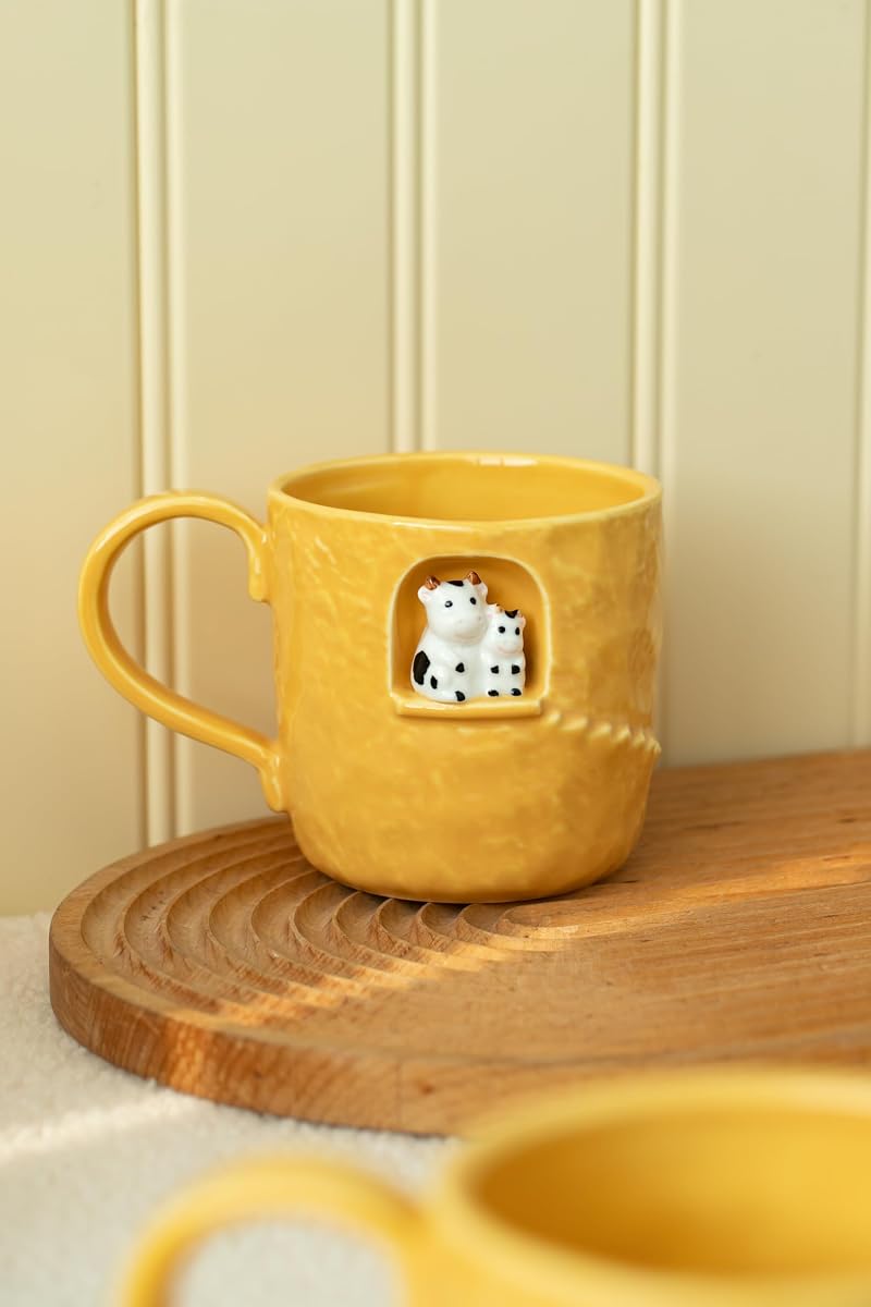 Dihoclub Yellow Parent-Child Cow Ceramic Coffee Mug — 14 oz Handcrafted Tea Cup with Window Sill Sculpture