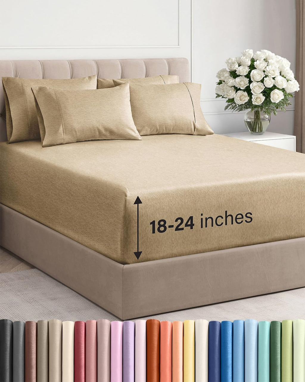 Skiennix Extra Deep Queen Sheet Set | 6-Piece Breathable Cooling Bedding - Soft, Wrinkle-Free, Heathered Tan
