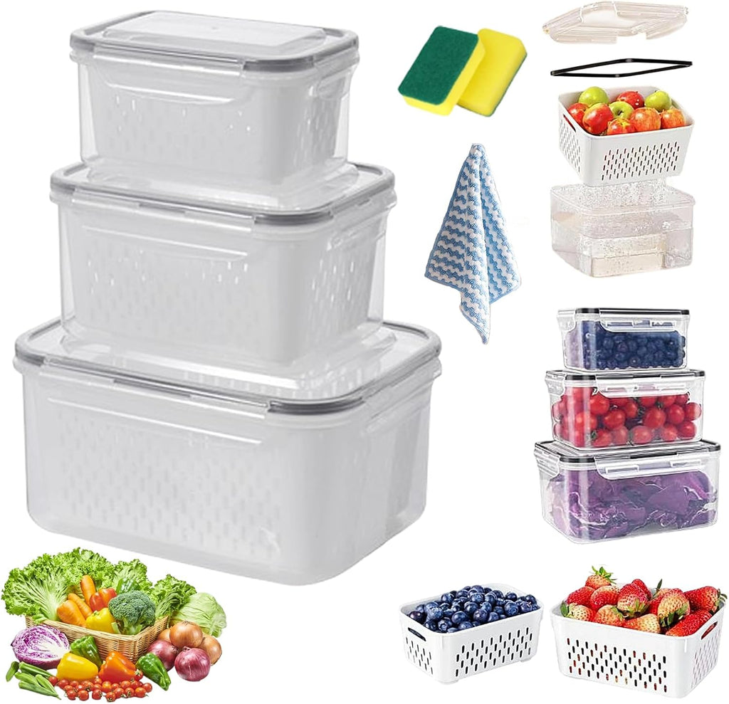 Skiennix Food Storage Containers - 4-in-1 Multipurpose with Removable Colander | Transparent Plastic, Gray (M+L)