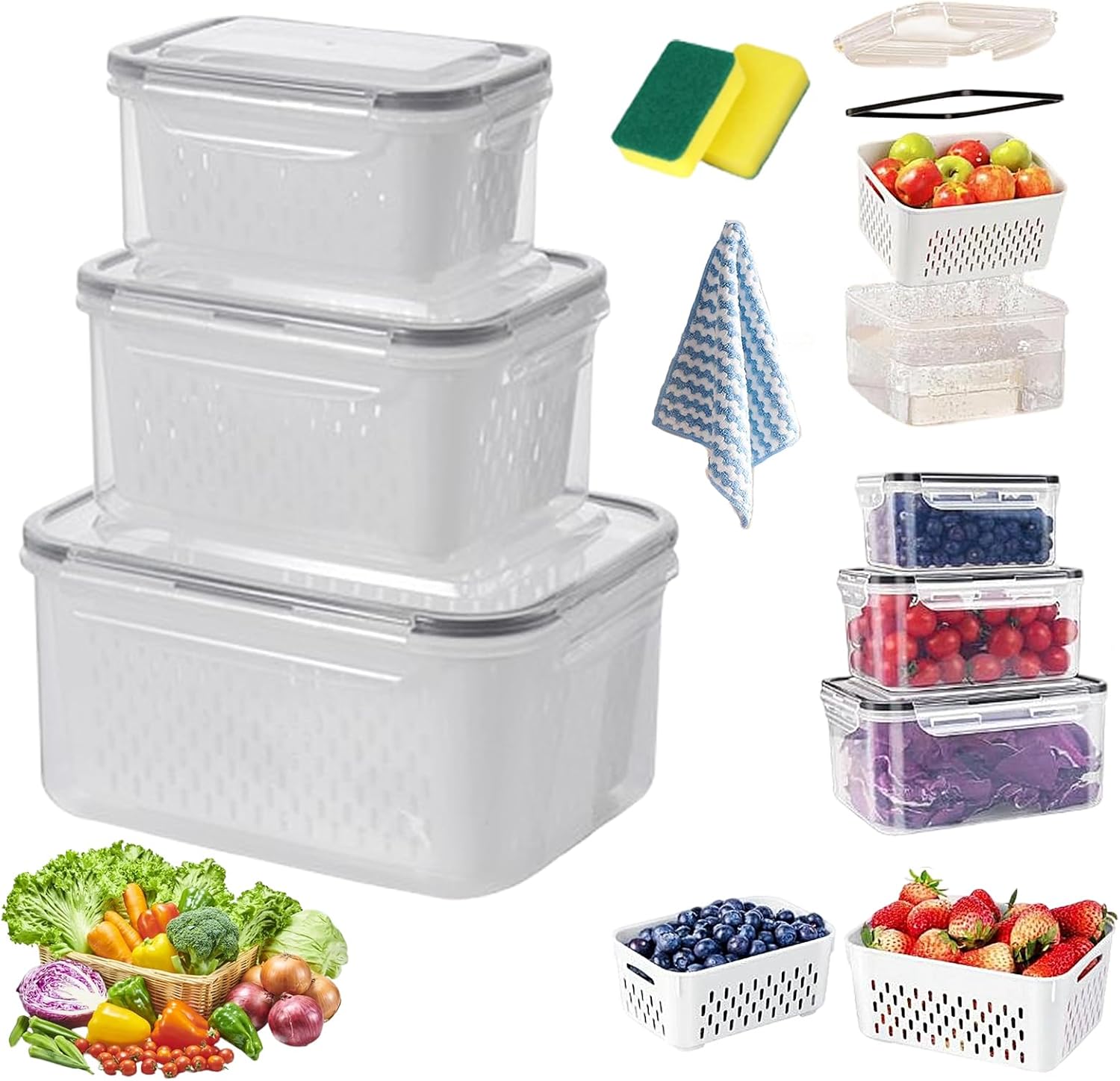 Skiennix Food Storage Containers - 4-in-1 Multipurpose with Removable Colander | Transparent Plastic, Gray (M+L)