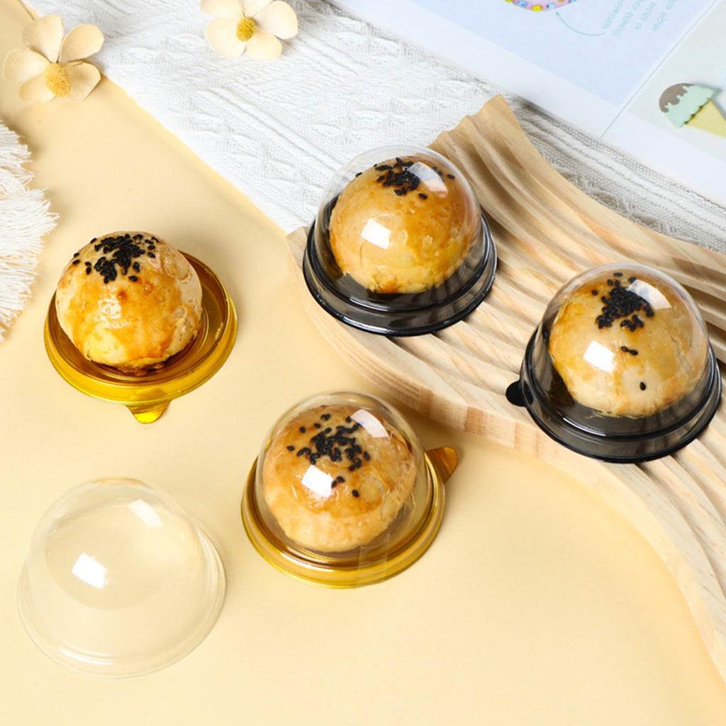 WOPPLXY 200 Pcs Mini Cake Containers, Clear Plastic Cupcakes Containers Muffin Mooncake Holder, Mini Cupcake Boxes with Dome Lid for Cheese Pastry Dessert Mooncake (100 Gold,100 Black)