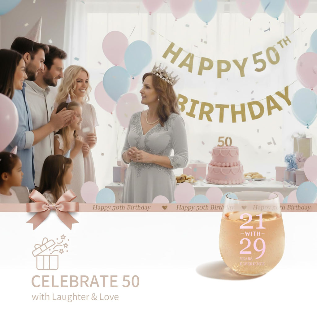 sanjiayishui 50th Birthday Gifts for Women - Wine Glasses, With Funny Quote “21 with 29 Years Experience”, 50th Birthday - 50th Birthday Decorations for Women, Happy 50th Birthday Gifts (Light pink