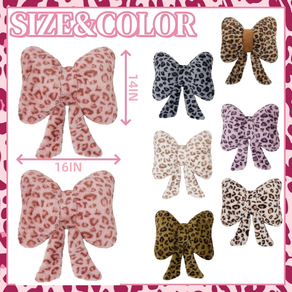 GKWW 2 Pack Cute Leopard Print Bow Throw Pillows Furry Cheetah Bownote Plush Pillow Decor Bow Lumbar Suffed Pillow for Home Living Room Bedroom Bed Couch Cushion