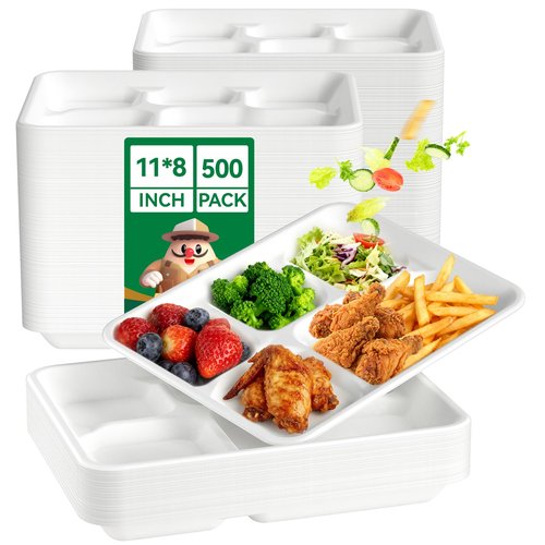 JOLLY CHEF Compostable 𝟱 Compartment Paper Plates 𝟭𝟭 * 𝟴 𝗶𝗻𝗰𝗵 [𝟱𝟬𝟬 𝗣𝗮𝗰𝗸] Heavy Duty White Divided Disposable Plate Eco-Friendly Biodegradable Food Trays for Party Lunch Dinner Christmas