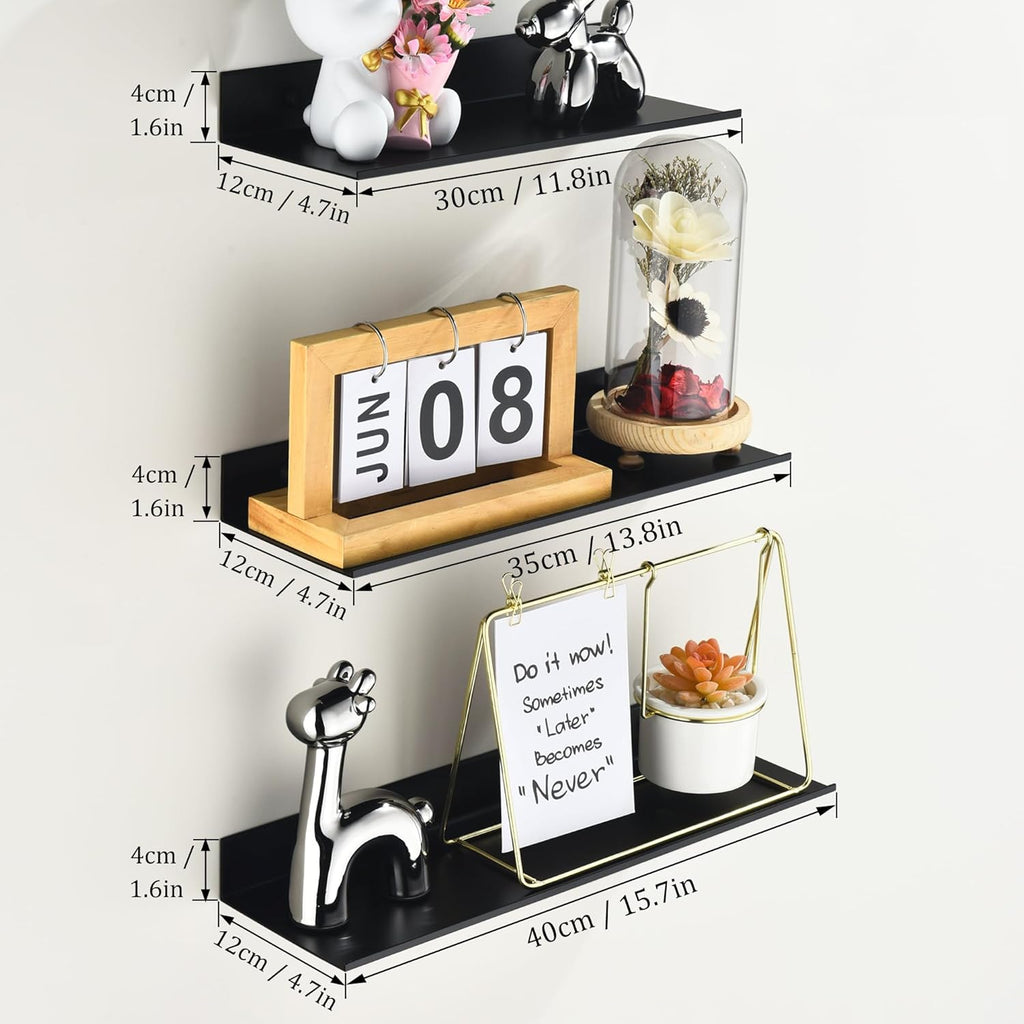 Wisfame Floating Wall Shelves - Set of 3 Black Metal Shelves for Bathroom, Living Room, Office | 11.8/13.8/15.7 in