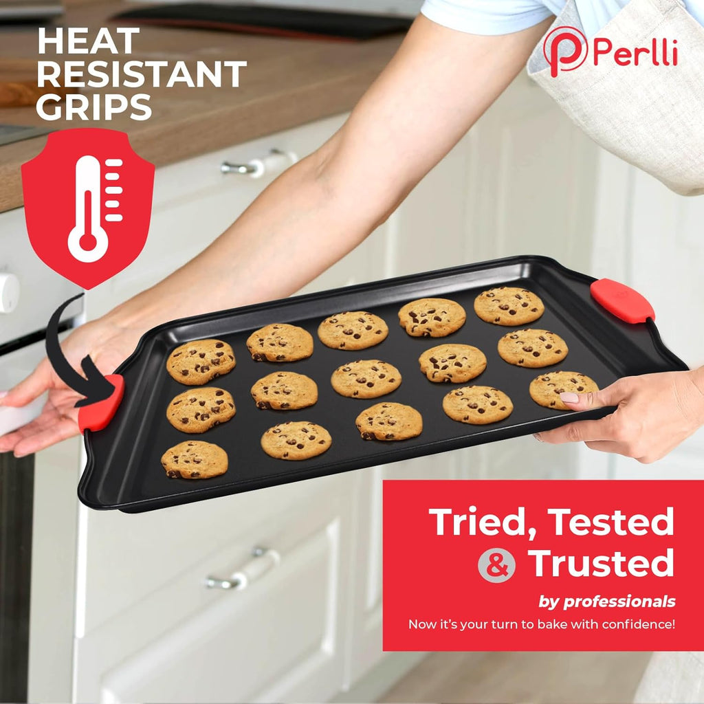 PERLLI Non-Stick Baking Pan Set - 6-Piece BPA-Free Carbon Steel Bakeware with Silicone Handles | Oven Safe Up to 446°F