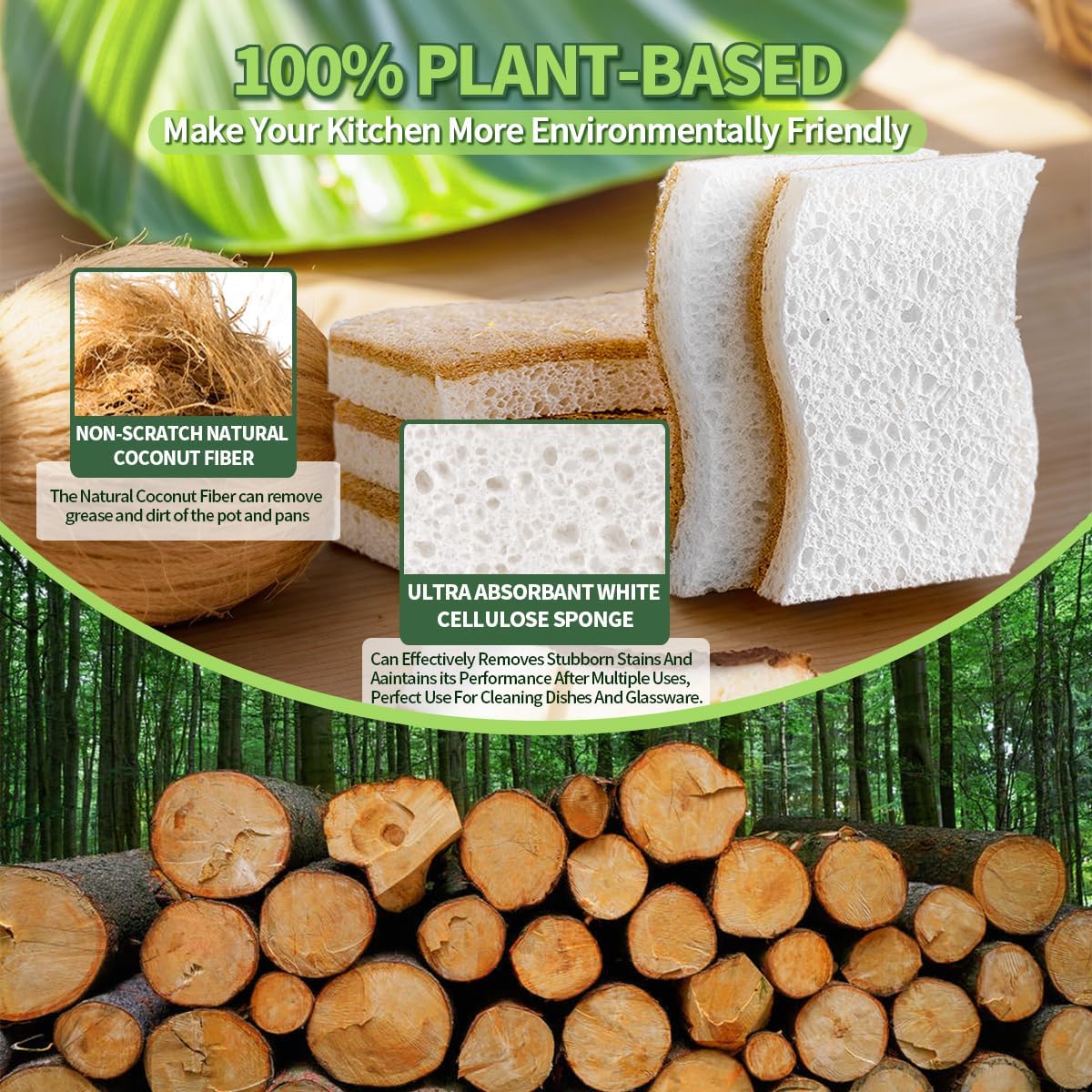Natural Dish Sponges | Plant-Based Biodegradable Cellulose with Coconut Scrubber - Eco-Friendly (Pack of 12)
