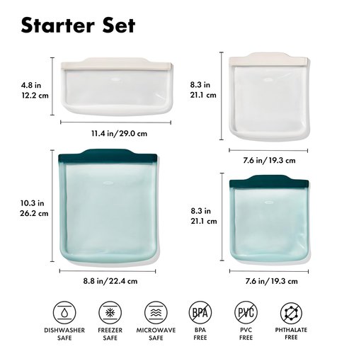 OXO Good Grips Silicone Reusable Bags – 4 Piece Starter Set - Oat/Lagoon