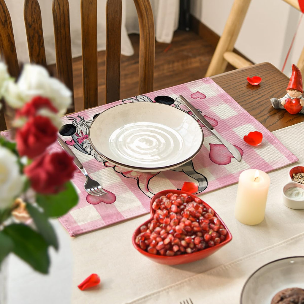Artoid Mode Pink Buffalo Plaid Hearts Gnomes Valentine Placemats Set of 4, 12x18 Inch Seasonal Anniversary Holiday Table Mats for Party Kitchen Dining Decoration
