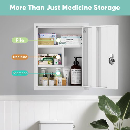 POKIPO Locking Medicine Cabinet, Empty Metal Medicine Storage Box Wall Mount with All-Metal Digit Lock Keyless, Bathroom Cabinet Organizer Over The Toilet, First Aid Box for Home School Business
