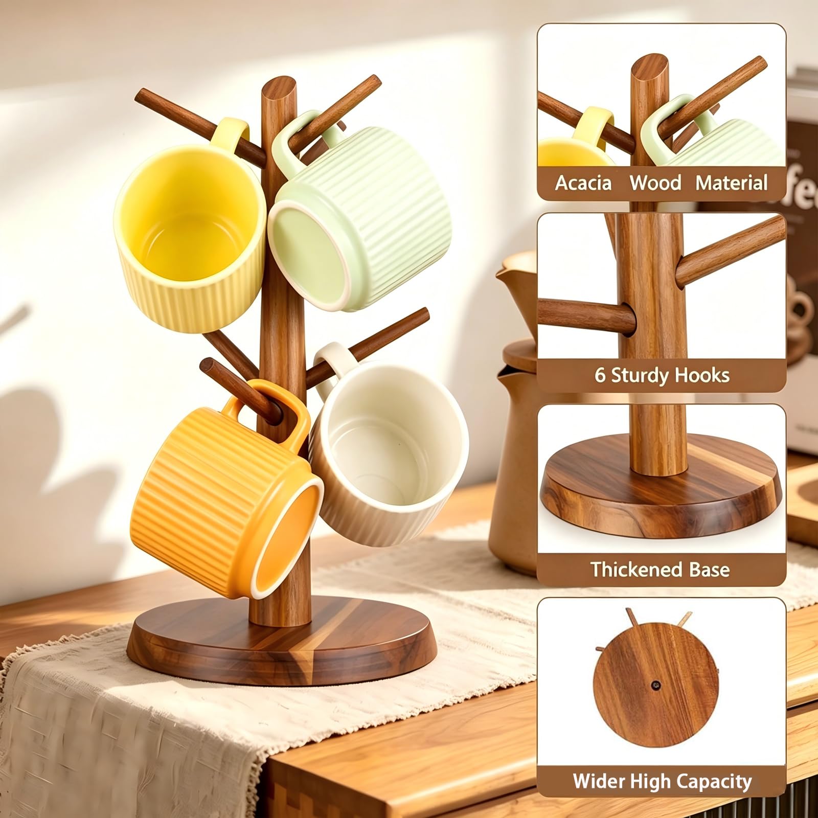 E-ROOM TREND Coffee Mug Holder Countertop Natural Acacia Wood Mug Tree, Wooden Mug Organizer with 6 Hooks for Kitchen Coffee Bar, Easy to Assemble, Ideal for Small to Medium Mugs