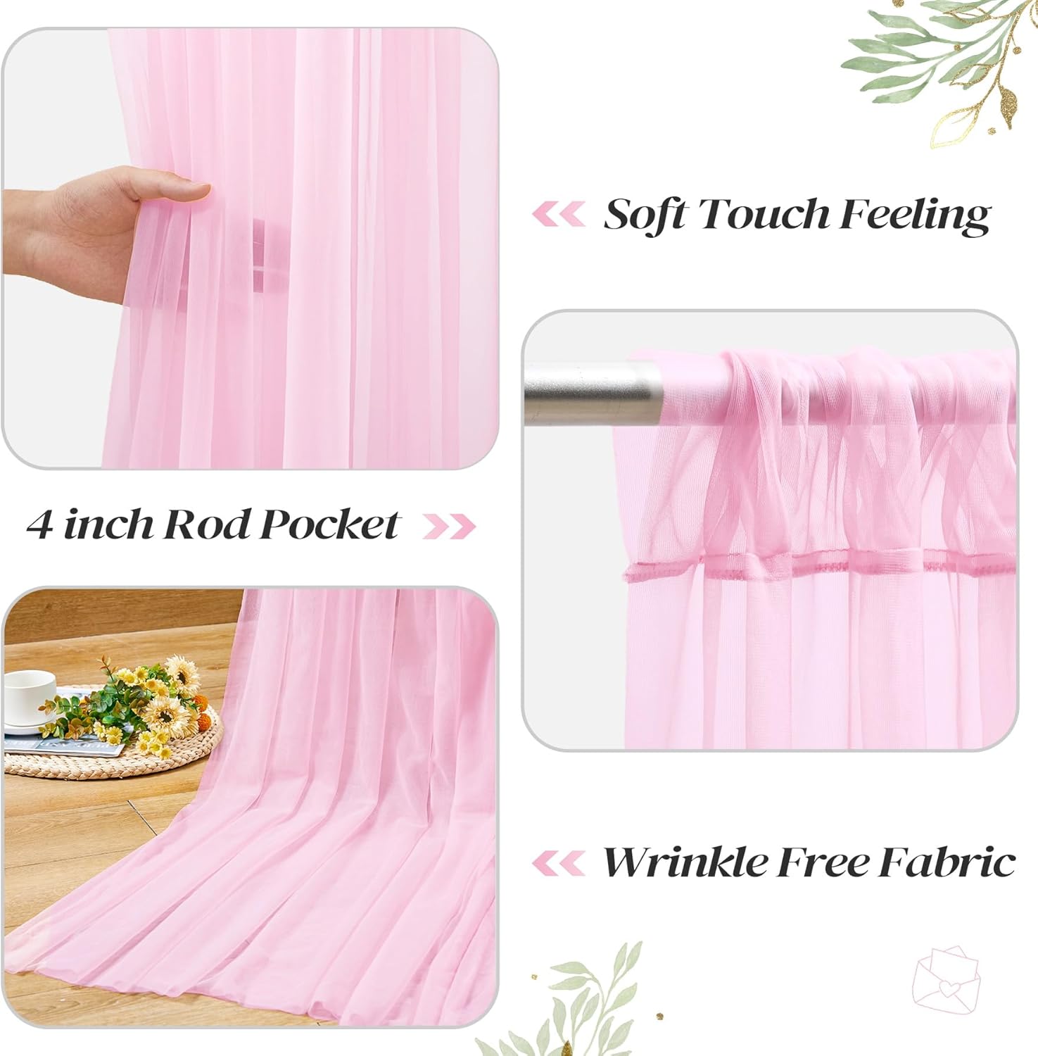 Skiennix 10ft x 10ft Pink Backdrop Curtain - Sheer Tulle with String Lights for Weddings & Parties