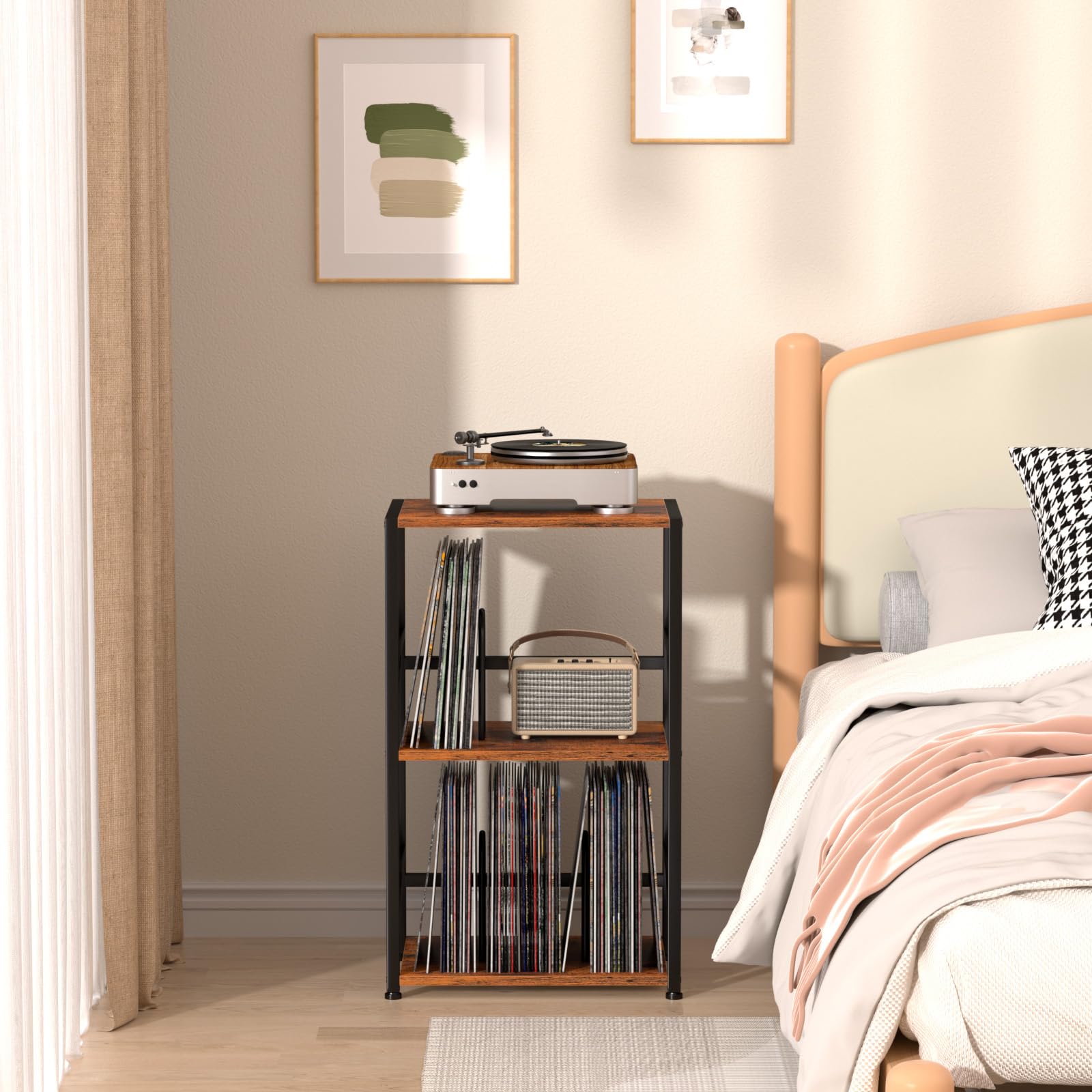 LOAKEKEL Record Player Stand, Vinyl Record Storage Up to 200 Albums, 3 Tier End Table with Removable Dividers, Tall Side Table for Living Room, Bedroom, Rustic Brown, HETCD010BR-1