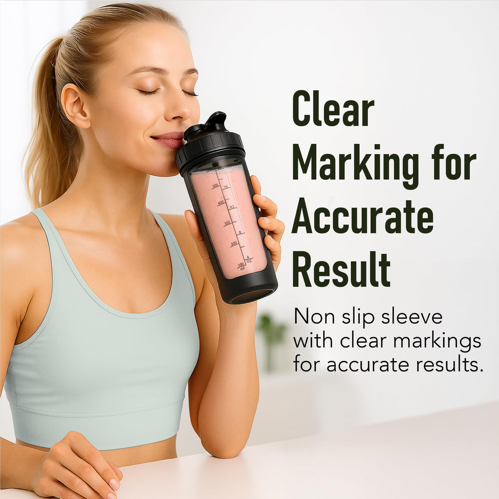 Paddi Glass Shaker Bottle for Protein - Odorless, BPA Free, Leak-Proof - 20 OZ | Graduated Ideal Fitness, Milkshake and Smoothies