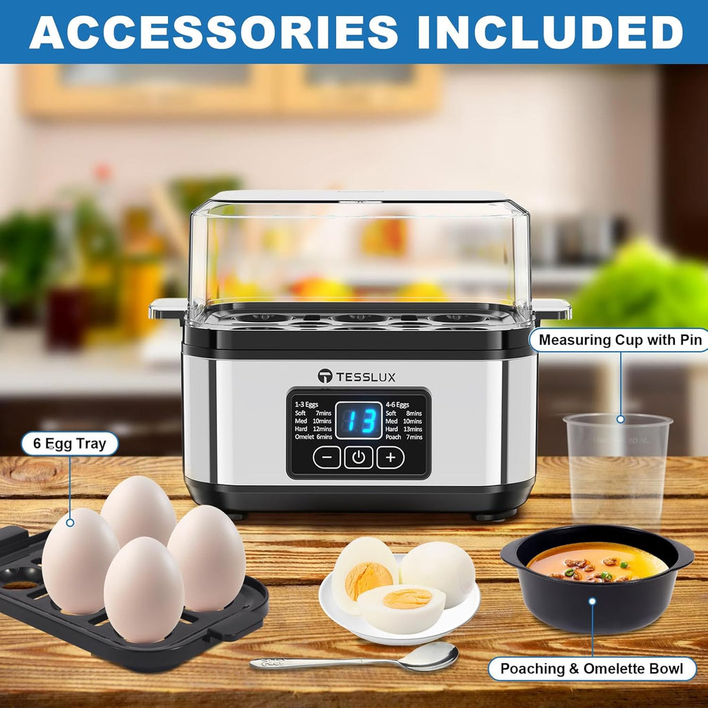 Tesslux Electric Egg Cooker - 6 Egg Capacity for Hard Boiled, Poached, Scrambled Eggs | Auto Shut Off, Silver