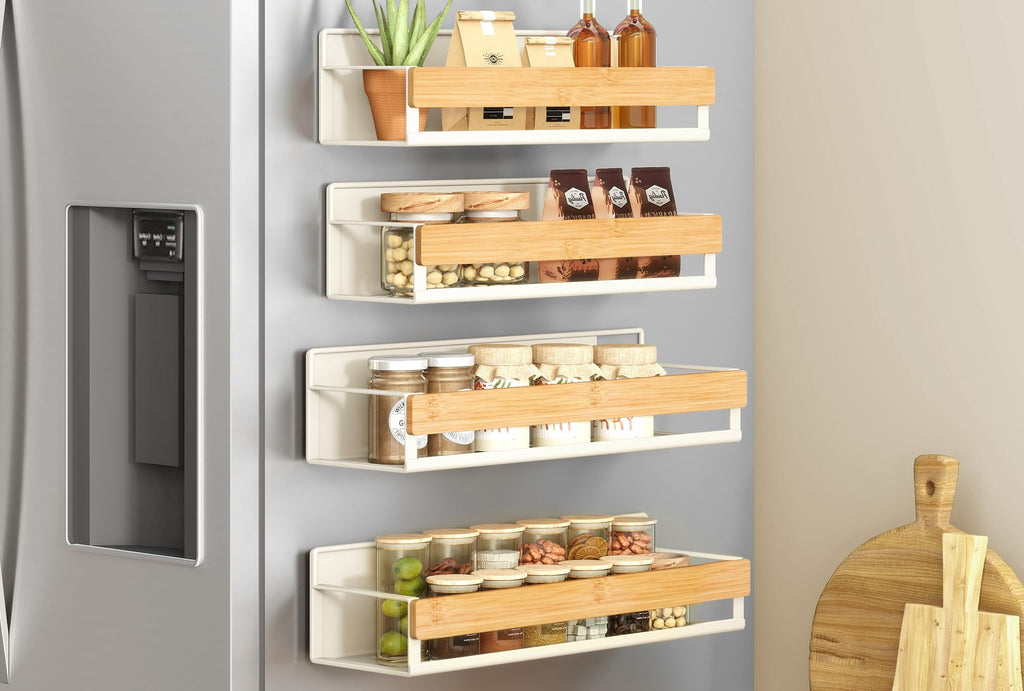 SONGMICS Magnetic Bamboo Spice Rack for Refrigerator, 4 Pack, 2 Large and 2 Small Kitchen Magnetic Shelves for Washing Machine, Spice Organizers, No Drilling Needed, Cream White UKCS062WD01