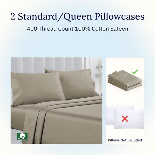 California Design Den Queen Size Pillowcase Set - 400 Thread Count, 100% Cotton Sateen, Soft & Breathable - Taupe