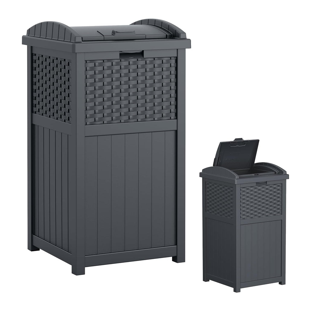 Suncast 33 Gallon Wicker-Style Trash Can - Secure Latching Lid & Weather-Resistant Design | Cyberspace Grey