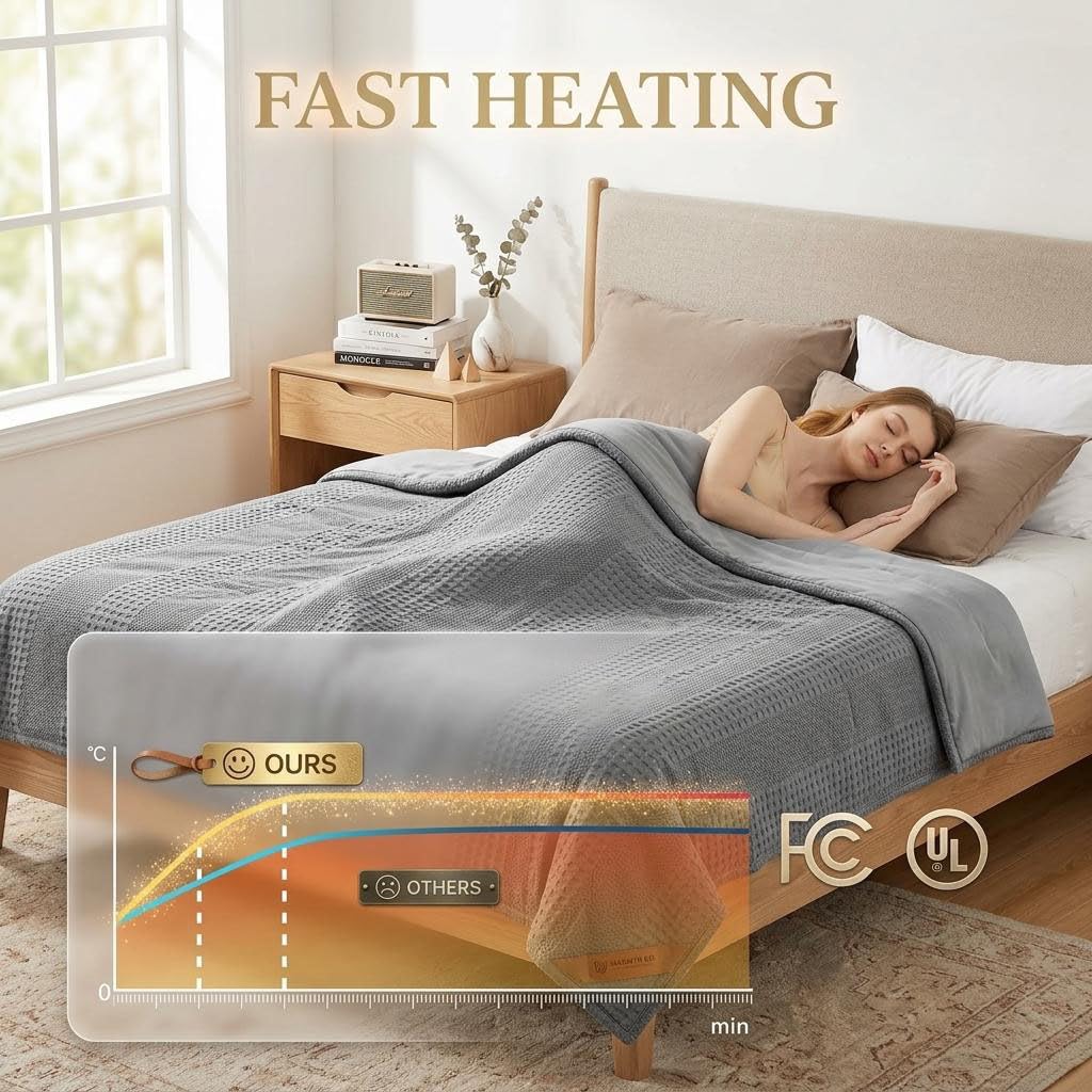 GarveeHome King Heated Comforter Electric Blanket, 104"x90" Waffle Weave Heating Blanket with Wireless LCD Controller, 6 Heat Levels & 2-10H Time Settings, UL Certified, Grey