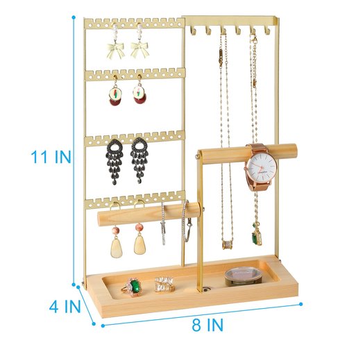 Jewelry Organizer Stand, Jewelry Holder, Lengnoy 4 Tier Earring Holder with 48 Holes and 6 Hooks Necklace Organizer Wood Box for Necklace Bracelet Earring Ring, Gold
