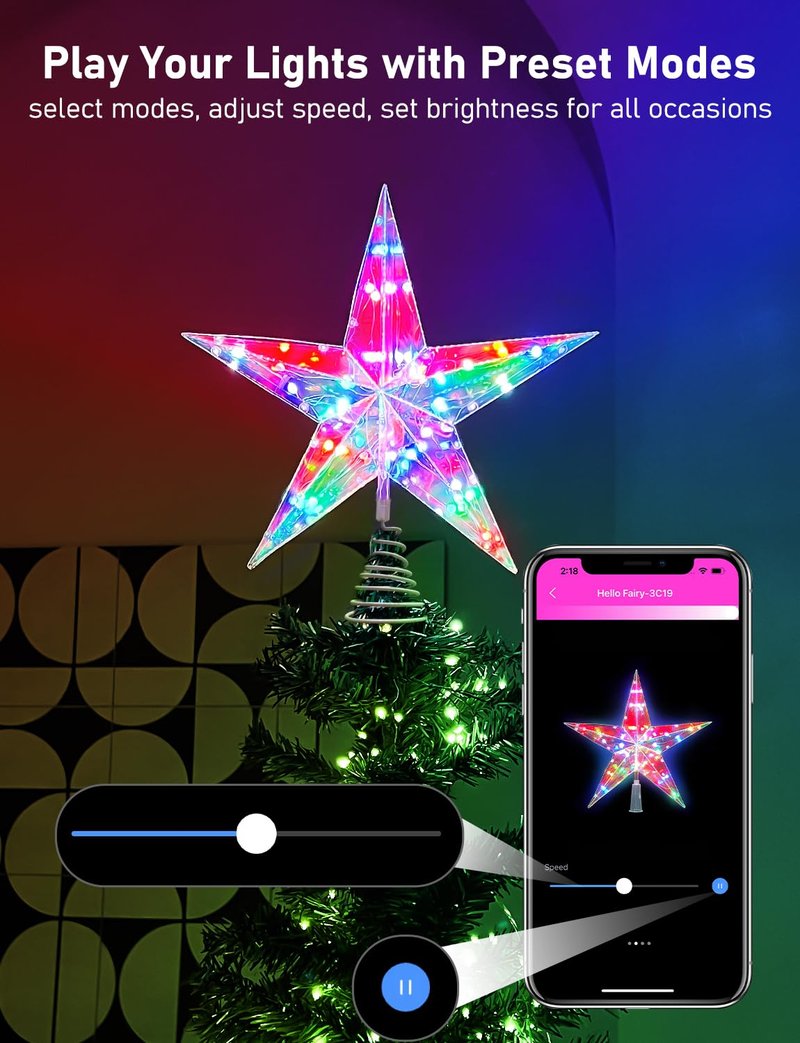 11.8" Christmas Tree Topper Star with APP & Remote Control, Color Changing Tree Topper Star Lighted with Music Sync, DIY Modes, Dimmable, Timer for Indoor Christmas Tree Decoration