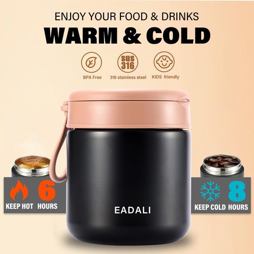 Eadali 15.2 oz Thermo Food Jar for Kids & Adults, Vacuum Insulated Lunch Container 316 Stainless Steel, Hot & Cold Soup Jar with Spoon, BPA Free & Leak Proof