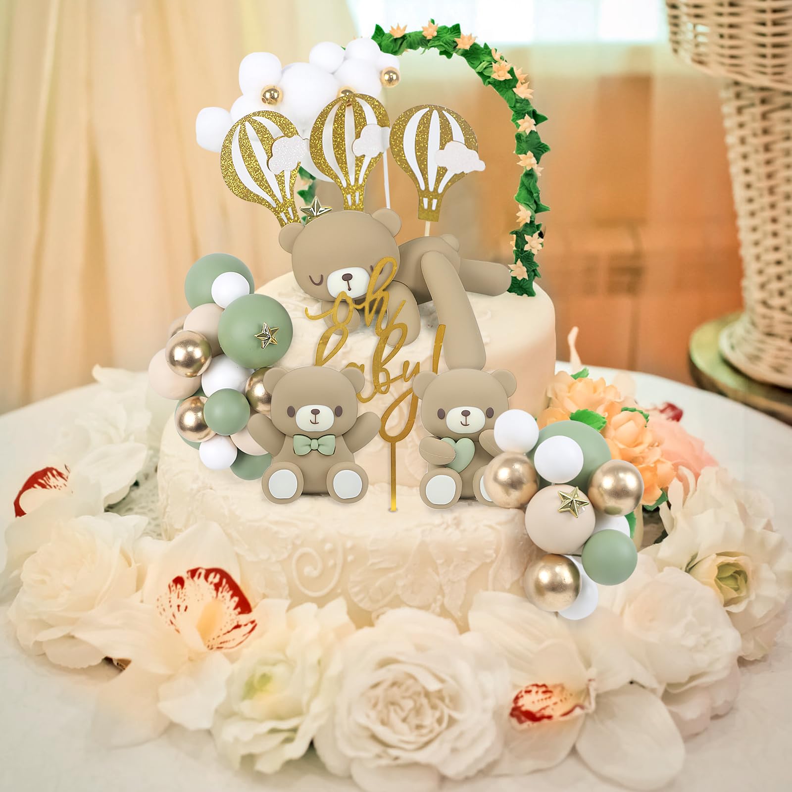 Acmee 44 PCS Green Bear Cake Toppers - Mini 3D Bear BABY Letters Milk Bottle Green Gold Foam Balls Cake Toppers for Boy Girl Birthday Party Baby Shower Cake Decorations