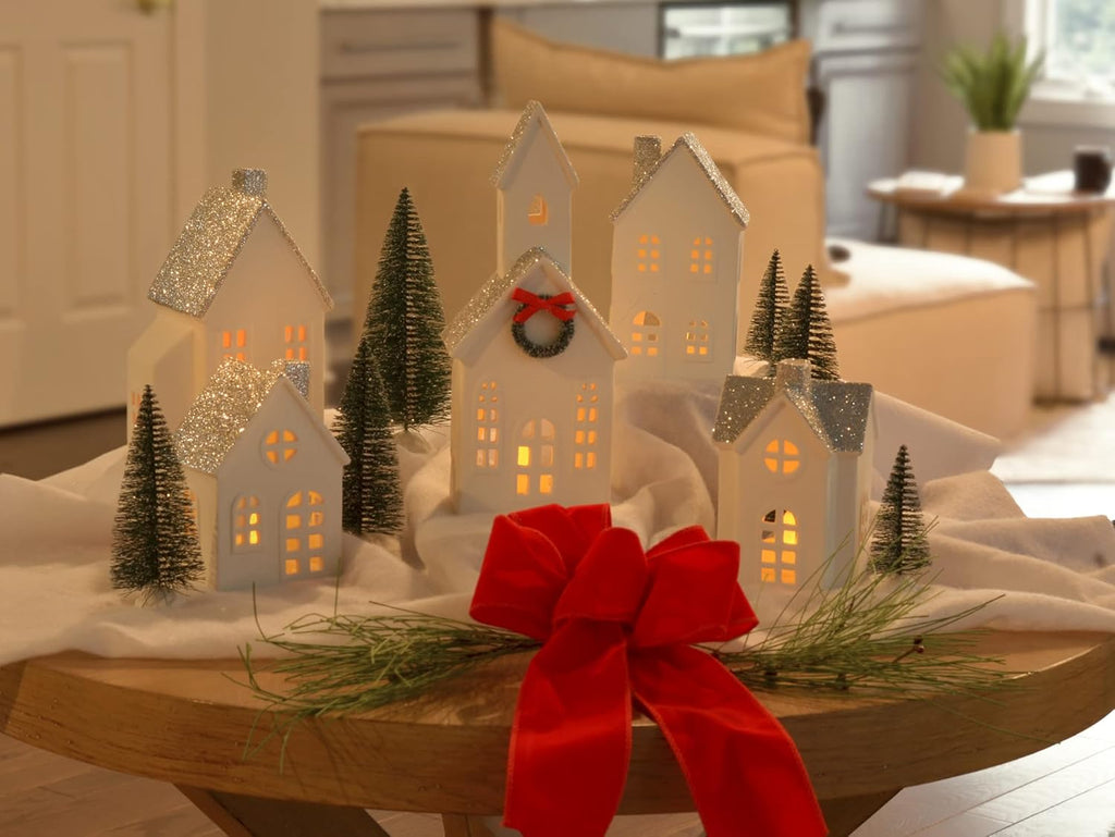 Mark Feldstein & Associates LED Holiday Figurines - Silver Rooftopped Village with Trees | 16-Piece Set, 11 Inch