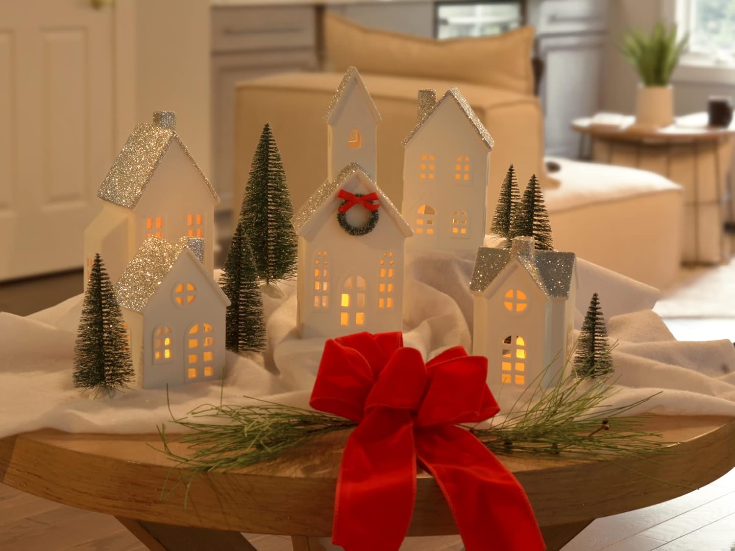 Mark Feldstein & Associates LED Holiday Figurines - Silver Rooftopped Village with Trees | 16-Piece Set, 11 Inch