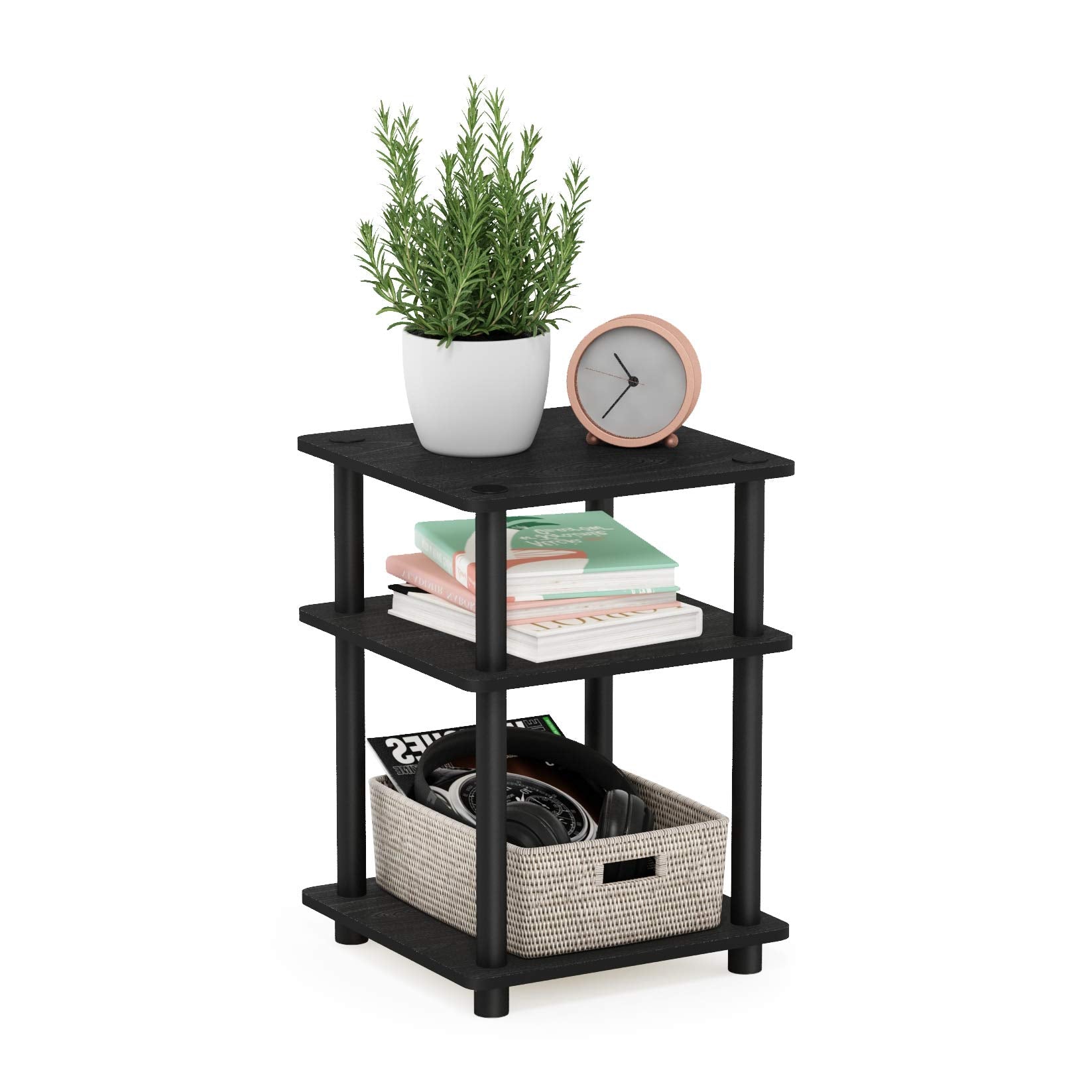 Furinno TURN-N-TUBE Side Table, 3-Tier Square Modern End Table, Open Shelves Nightstand, Night Stand, Bedside Table, Easy Assembly, for Living Room, Bedroom, Blackwood