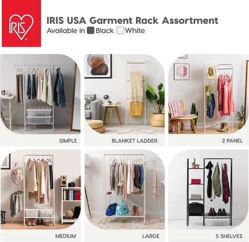 IRIS USA Clothing Rack, Blanket or Garment Ladder, Easy to Assemble, Standing Metal Sturdy Garment Rack, Small Space Storage Solution, Modern Versatile Design, Long-Term Durability, Ladder, White