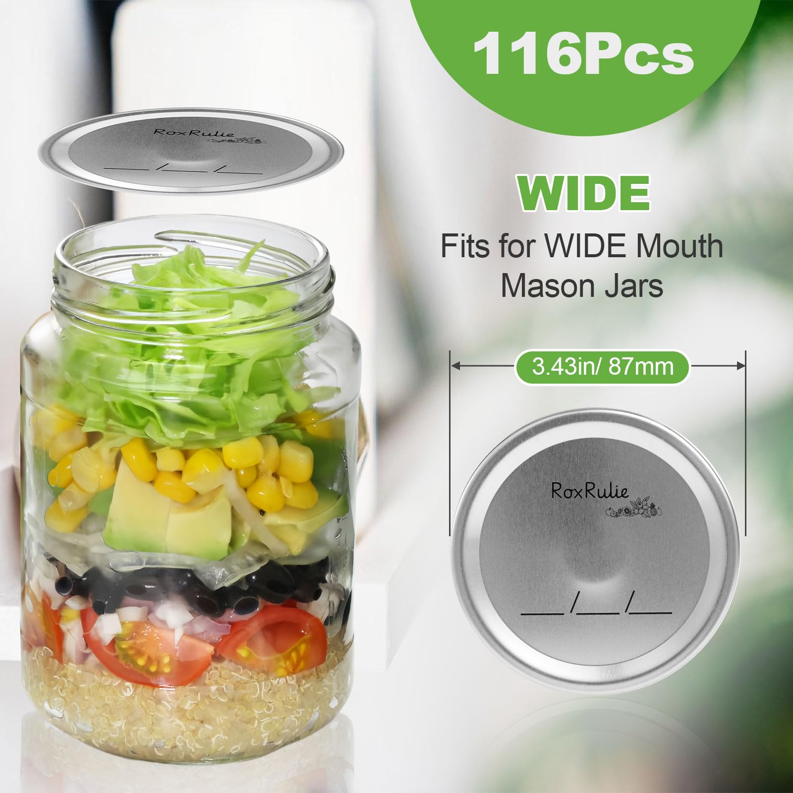 RoxRulie 116PCS Canning lids Wide Mouth(3.43in/87mm), Upgraded Leak-Proof Mason Jar Lids for Ball/Kerr Jars, Split-Type Lid with Perfect Airtight Seal, Canning Jars Lids, Food Grade Material