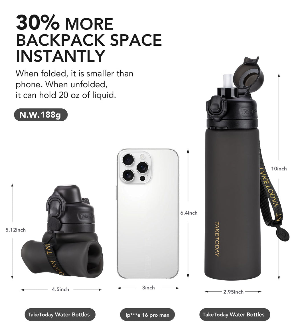 TakeToday Collapsible Water Bottles 21oz (2 pack), Foldable Platinum Silicone Travel Water Bottle with Straw & Carry Strap, Leak-Resistant Screw Lid, Wide Mouth, BPA-Free for Hiking, Camping, Travel